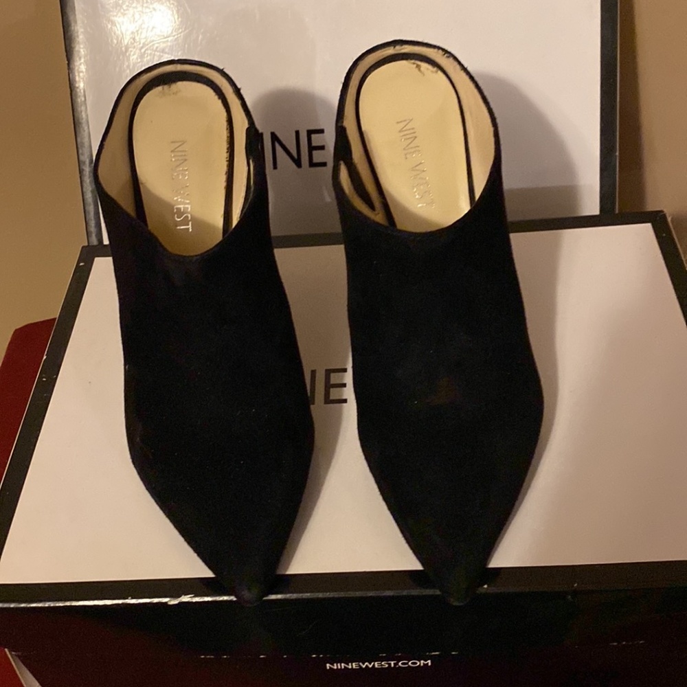 Nine West black suede heel mules